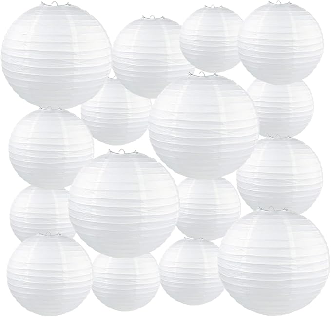 16pcs White Paper Lanterns Hanging Ball Lanterns for Birthday Wedding Bridal Baby Shower Art Class Home Outdoor Indoor Party Decoration (Multisize)