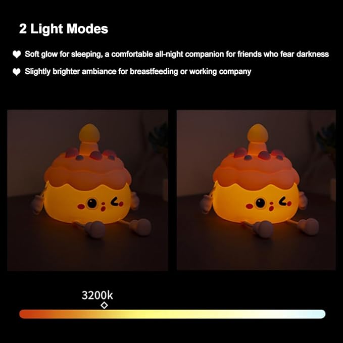 Fun Night Light - Cute Birthday Cake Night Lamp USB Rechargeable, Auto-off Nursery Bedside Sleep Lamp 2 Brightness Levels, Women Girls Boys Teens Friends Christmas Anniversary Birthday Gifts