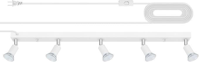 Plug in Track Light,30"Track Ceiling Lighting Fixtures,White 5 Way GU10 Wall Spotlight, Rotatable Track Head,LED Wall Light for Kitchen Cabinet Gallery Bar Hallway Living Room,Rocker Switch,15 FT Cord