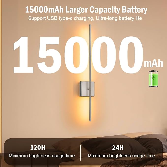 15000mAh Battery Operated Wall Sconce Set of 2, Brush Nickel USB Rechargeable Wall Sconces, Dimmable Cordless Wall Sconces with Remote Control, LED Wireless Wall Light Lighting Time 24-120 hours