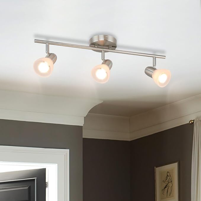 XiNBEi Lighting Track Light, 3 Light Kitchen Ceiling Light with Glass, Modern Fixed Rail Lighting Brushed Nickel XB-TR1237-3-BN