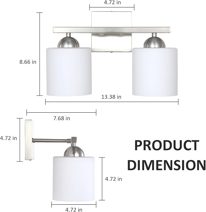 2 Light Brushed Nickel Vanity Lights for Bathroom, Modern Bathroom Light Fixtures Over Mirror, Vanity Light with Milky White Glass Shades, Farmhouse Wall Lights, E26 Socket