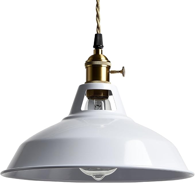 YUBOLE Nordic Plug in Pendant Light White Barn Shade with Dual Switches | 216.5" Plug Cord, Metal Barn Shade, On/off and Rotary Switches, E26 Removable Swag Light for Any Indoor Spaces