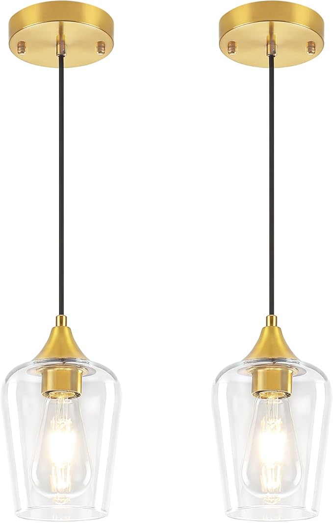 2 Pack Brushed Gold Pendant Lights Kitchen Island, Glass Pendant Lighting Over Island Modern Kitchen Hanging Light Fixtures Adjustable Pendant Lights for Dining Room Bathroom Bedroom Hallway Foyer