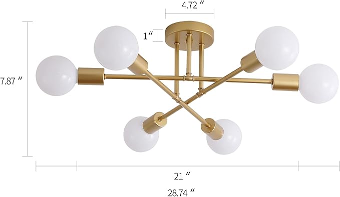 Gold Modern Sputnik Chandelier Ceiling Light Fixtures,6-Lights Industrial Metal Semi Flush Mount Ceiling Light for Bedroom Dining Room Living Room Kitchen Hallway UL Listed