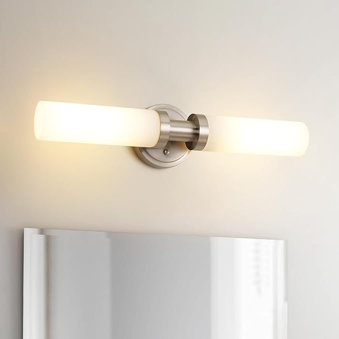Brushed Nickel Bathroom Light Fixtures, 2-Light Vanity Lights W/White Glass Shade, Modern Sconces Wall Lighting for Mirror Kitchen Bedroom Hallway Living Room, E26 T10 Bulbs(Excluded)
