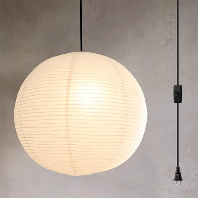 Nogy Paper Lantern Lamp Japanese Style Pendant Light - Off White Rice Hanging Paper Lamp Shade with Cord (Plug in (15ft), 19.6 in)