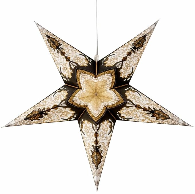 Lantern Lampshade Paper Star Light Shades Large 60cm Hanging Decorations for Christmas Wedding Home Decoration Birthday Party Foldable 5 Pointed Star (Glitter Black, Golden, Brown)
