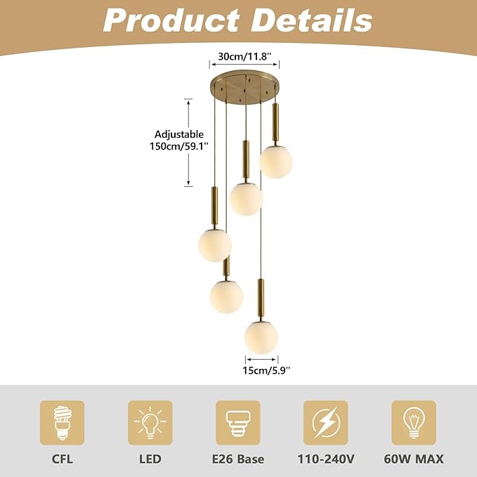 KCO Lighting 5 Light Globe Chandelier Gold Cluster Pendant Light Fixture Modern Milk Glass Chandelier Large Round Kitchen Island Pendant Lighting Contemporary Chandeliers for Foyer Entryway