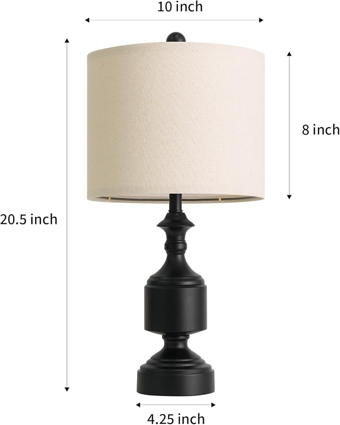 BOBOMOMO Black Lamps Set of 2-20.5" Farmhouse Metal Table Lamps for Living Room, Traditional Bedside Lamps for Nightstand with Linen Shade, Ideal for Small Spaces, Entryway Console Lamps