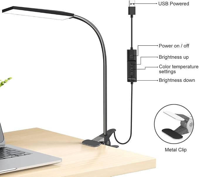 LED Desk Lamp, 5W USB Clip on Light Eye-Caring Reading Clamp Table Lamp with 48 LEDs Flexible Neck, 3 Color Modes and 14 Brightness Levels for Office Bedroom Study (Black)