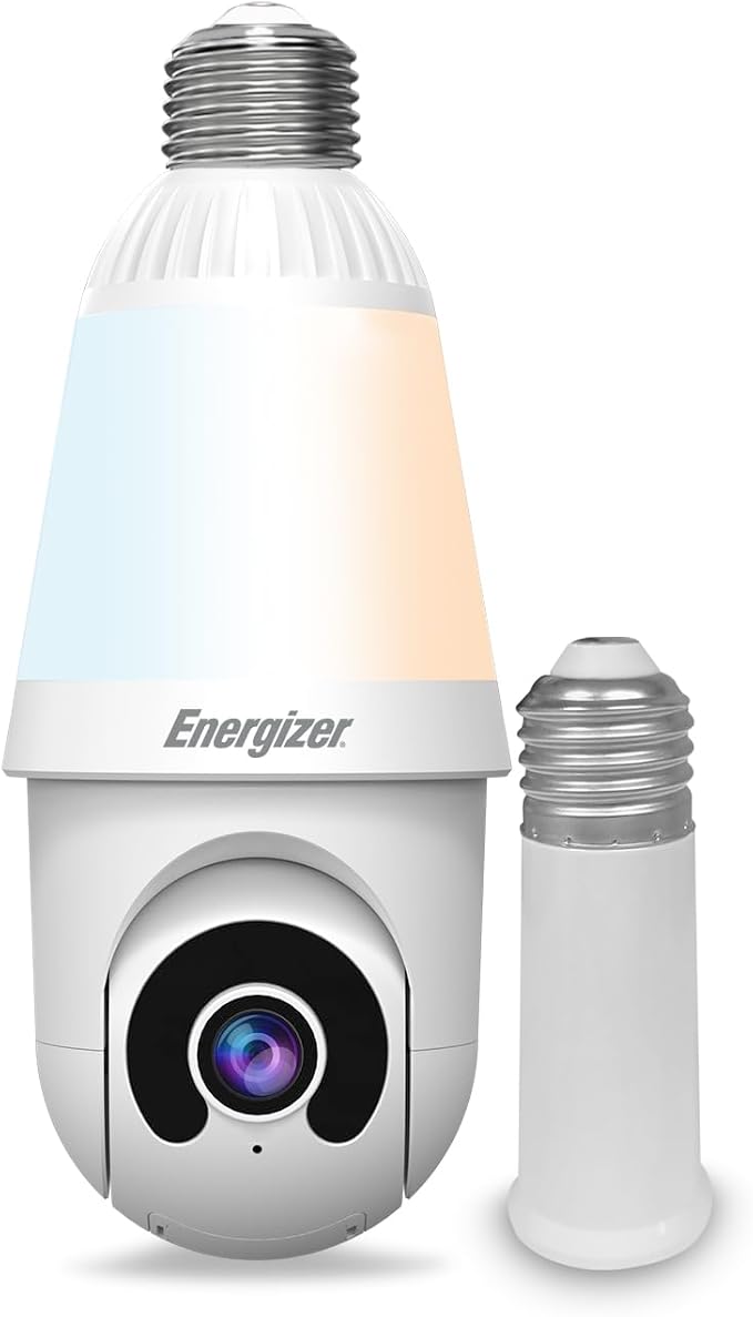 Energizer Smart 2K Light Bulb Security Camera, 1000 Lumens LED Light, 5G&2.4G Wi-Fi Outdoor Socket Camera, Pan Tilt Auto Tracking, (White, App Enabled Smart Detections)