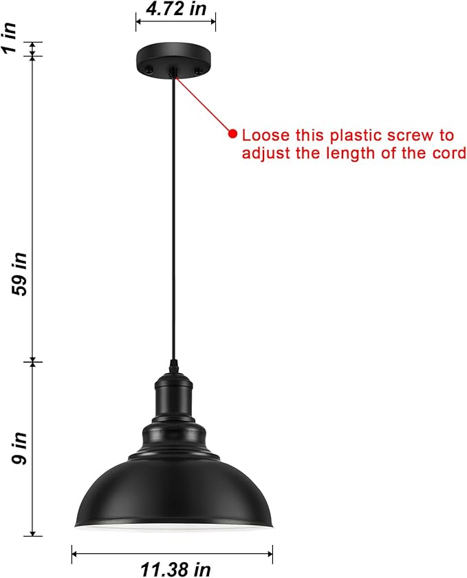 Pendant Lights, Farmhouse Pendant Lamp with Metal Shade (White Inside), Matte Black Industrial Pendant Lighting for Kitchen Island, Dining Room, Bedroom, Hallway