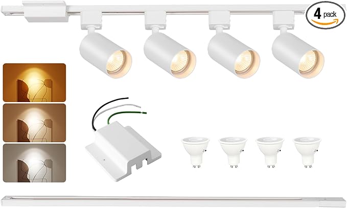 3-Color 4-Light LED Track Lighting Kit with 3.3FT H Track Lighting Rails & Canopy Connector, GU10 Dimmable Track Light Kit, Modern Kitchen Track Lighting Fixtures Ceiling Spot Light, White
