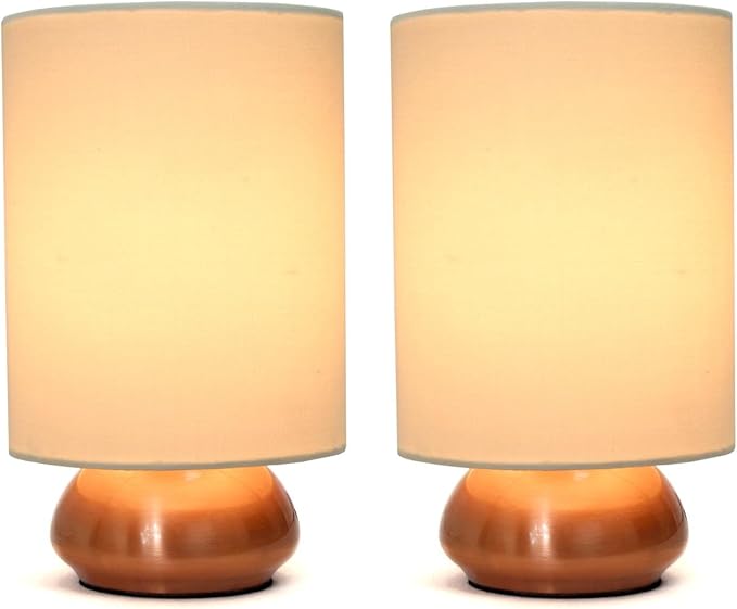 Simple Designs LT2016-CRM-2PK 9" Gemini 2 Pk Contemporary 4 Settings Touch Metal Mini Round Table Lamp Set w Fabric Shades for Décor,Nightstand,End Table,Bedroom,Living Room,Office,Foyer, RGD & WHT