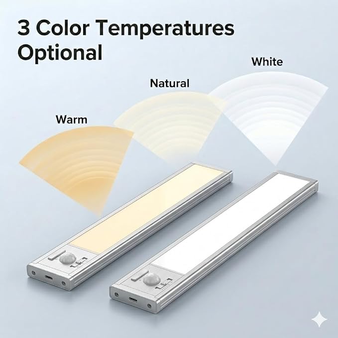 2Pack Aluminum Under Cabinet Lighting, 10inch Rechargeable Ultra-Thin Magnetic Motion Sensor Closet Lights, 3 Colors & Dimmable, USB-C Wireless Under Counter Lights for Kitchen, Pantry, Wardrobe