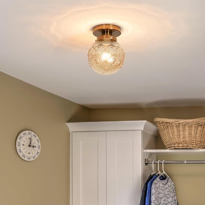 Daunton Semi Flush Mount Ceiling Light, Gold Vintage Kitchen Ceiling Lighting Fixture, Amber Globe Glass Close to Ceiling Light, Modern Hallway Lighting for Bathroom Bedroom Corridor Entryway