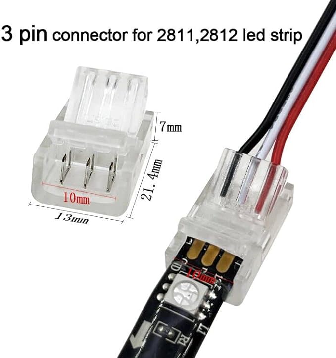 HAMRVL 12 Packs 3 Pin Led Light Connectors for WS2812B WS2811 RGB Led Strip 10mm, Solderless Transparent LED Strip to Wire Connector with 19.68Ft Extension Connection Cable 22 AWG (3 Pin, 10 mm)