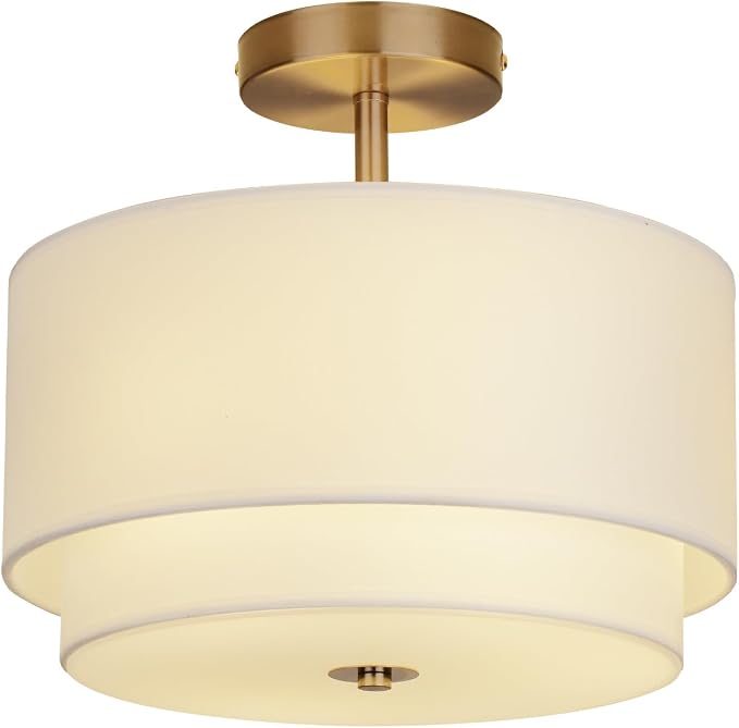 Vexagyle Gold Light Fixtures Ceiling Mount,12.6'' Semi Flush Mount Ceiling Light Fixtures,Nursery Light Fixture with 2-Layer White Shade,Modern Drum Ceiling Lights for Bedroom,Living Room,Hallway
