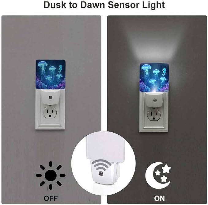 Jellyfish Seahorse LED Night Lights Plug into Wall Blue Underwater World Animal 0.5W Plug in Night Light, Dusk to Dawn, Bright Nightlight Auto On/Off, for Room Bedroom Bathroom