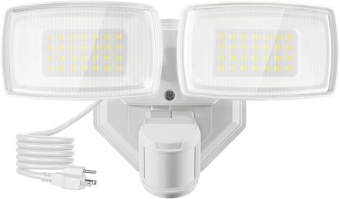Onforu 32W Plug in Motion Sensor Lights Outdoor, 3200LM Motion Flood Light Dusk to Dawn, IP65 Waterproof Led Security Light Outside, 2 Heads Motion Activated Wall Light for Garage, Porch, Yard - White