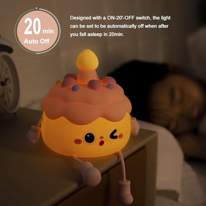 Fun Night Light - Cute Birthday Cake Night Lamp USB Rechargeable, Auto-off Nursery Bedside Sleep Lamp 2 Brightness Levels, Women Girls Boys Teens Friends Christmas Anniversary Birthday Gifts
