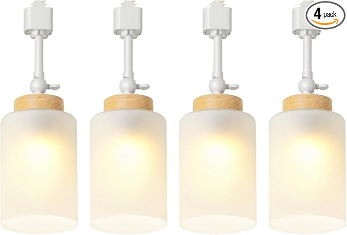 H Type Track Lighting Heads with Glass Lamp Shade, White 4 Pack | E26 Track Light Ceiling Modern for Kitchen, Compatible with H Track Rail System, Wood Style Pendant Light Fixtures - No Bulbs