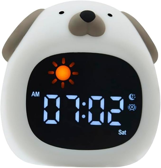 Dog Cartoon Ok to Wake Alarm Clock, White Noise Tap Night Light for Room | 6 White Noise Sounds, 8 Light Modes, Dual Alarm & Snooze, Dimmable LED, Type-C Rechargeable, 12/24 Hour Display