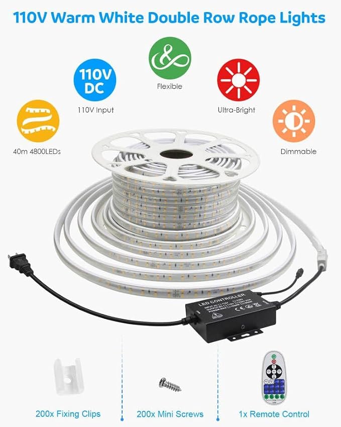 Aclorol 40M LED Rope Light Outdoor Waterproof Led Strip Light 131FT AC110V-120V Dimmable Double Row Warm White Plug in Rope Light with Remote for Outside Garden Patio Indoor Outdoor Backyards Decor