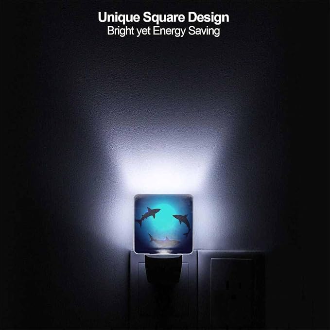 Sharks Night Lights Plug into Wall Three Sharks in The Deep Blue Ocean Night Light with Dusk to Dawn Sensor for Home Bedroom Bathroom Living Room 0.5W Sleep-Friendly