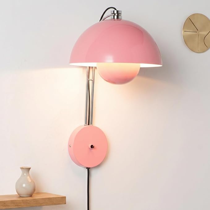 COSYLUX Mid-Century Modern Bud Plug in Wall Sconces for Bedroom, Light Pink | Indirect lighting reading wall lamp, all-metal construction, plug-in or hardwired install, fits bedroom bedside, living room