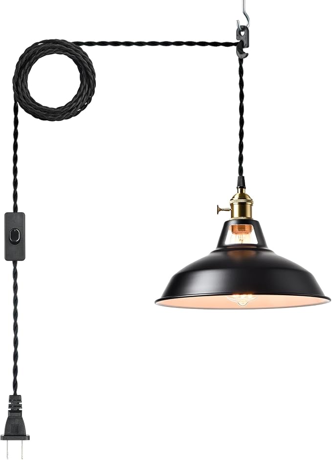 YUBOLE Indsutrial Black Plug in Hanging Lights with 216.5" L Cord | Black & White 10.6"W Shade, E26 Swag Pendant Light with Switch for Kitchen Bedroom Dining Bar Reataurant Cafe Loft