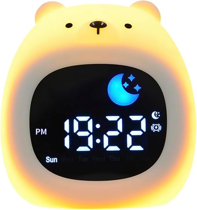 Bear Cartoon Ok to Wake Alarm Clock, White Noise Tap Night Light for Room | 6 White Noise Sounds, 8 Light Modes, Dual Alarm & Snooze, Dimmable LED, Type-C Rechargeable, 12/24 Hour Display