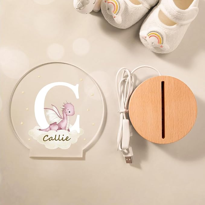 Personalized Dreamy Dragon LED Night Light Custom Name and Initial Night Light with Wooden Base Nursery Decor Gift for Kids
