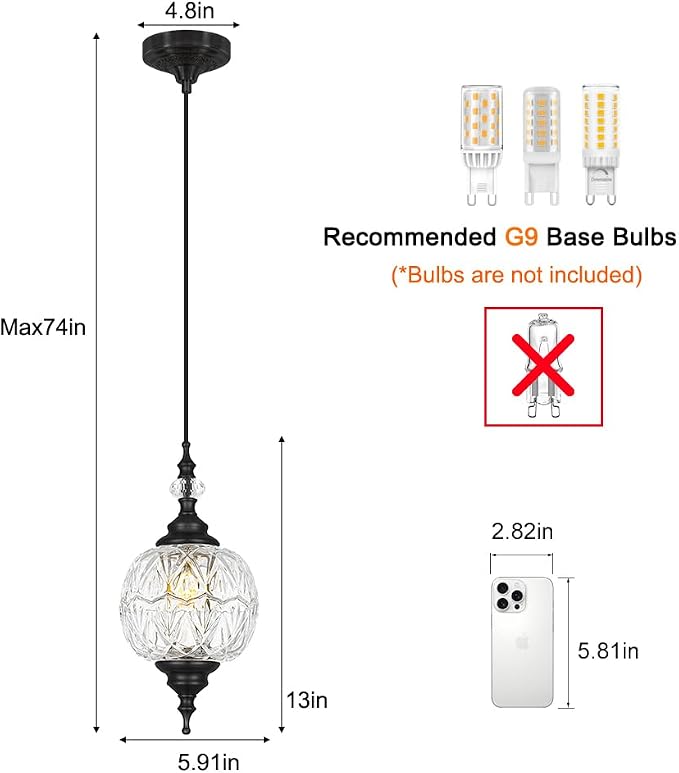 Pendant Lights Kitchen Island 2 Pack, Black Vintage Pendant Light with Detachable Glass Shade, Adjustable Hanging Light for Kitchen Island Lighting, Bathroom, Farmhouse, G9 Base (Bulbs Not Included)