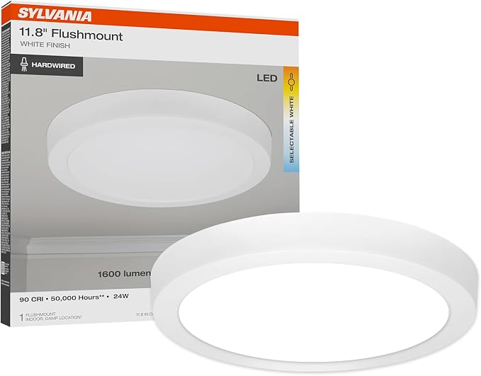 Sylvania 12" LED Flush Mount Ceiling Light Fixture, 24W, 1600 LMS, Hardwired, 3000K, Warm White, White, LED Lights for Bedroom Kitchen Hallway Porch - 1 Pack (66460)