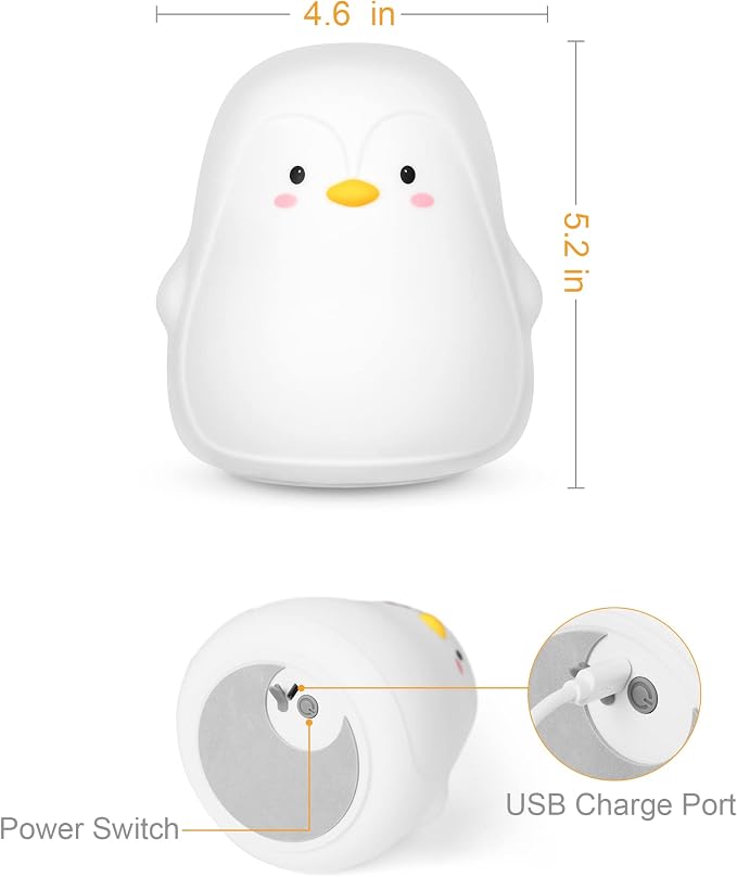 Penguin Night Light, USB Rechargeable Silicone LED Night Light for Kids , Multicolor Cute Nursery Night Lights with Warm White and 7-Color Breathing Mode,Christmas Gift for Kids Baby Children Bedrooms