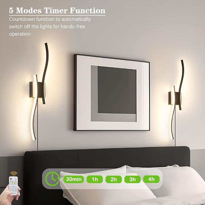 Daunton Modern Plug in Wall Sconce Set of 2, Black Dimmable LED Wall Light with Remote Control, 3CCT Adjustable & Memory Function, Timer, Plug in Cord Wall Lamp for TV Wall Living Room Hallway Bedroom