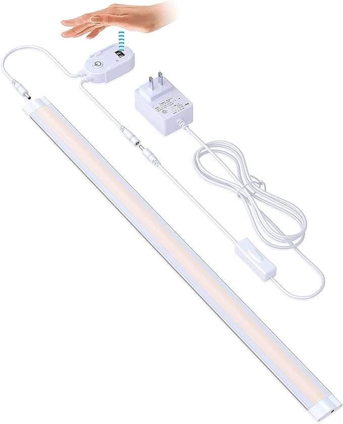 Under Cabinet Lighting LED 20In Kitchen Under Counter Light Fixtures Dimmable with Manual Sensor Control,Desk,Over Sink,Tool Box Hutch Light Bar Plug in,3000K Warm White,Sliver White,1pcs