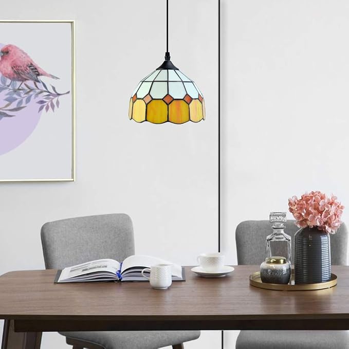 Tiffany Hanging Pendant Light - Dimmable Mini Plug in Light Fixture, Perfect Vintage Swag Ceiling Lamp for Dining Room, Bedroom or Porch,16.4 Ft Hanging Cord, 7.9" Width
