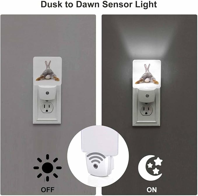 LED Night Light,Easter Grey Hare Rabbit Bunny Tail LED Night Light Plug into Wall with Dusk to Dawn Light Sensor White Energy Efficient Nightlight for Bedroom Hallway Living Room Kitchen