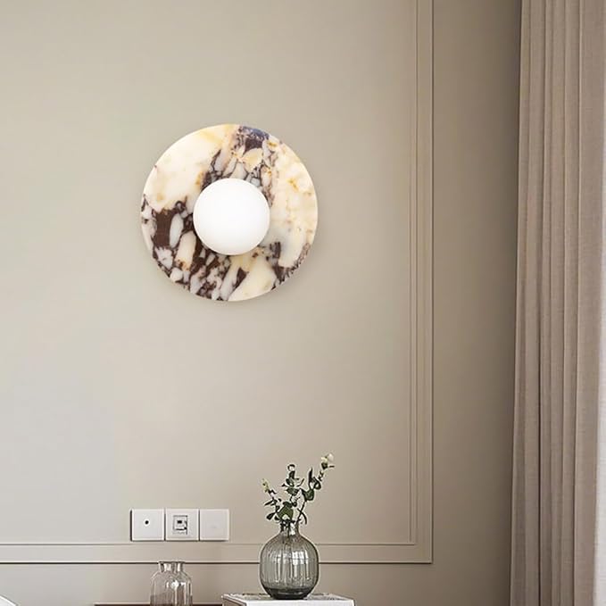 Alabaster Wall Sconces, 7.8 Inch Nordic Style Natural Stone Wall Lamp Round Marble Sconces Wall Lighting with Globe Glass Shade, Hardwired Indoor Wall Lights for Living Room Bedroom Hallway Stairs