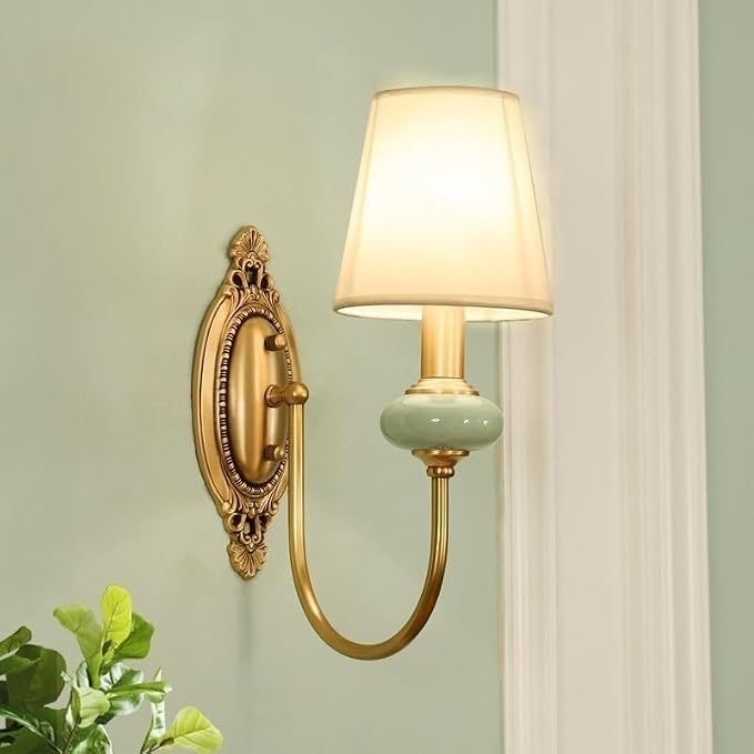 Wireless Battery Operated Wall Sconces Lights Set of 2, Rechargeable Antique Brass Wall Light Sconce with Bulbs & Remotes, No Wires Dimmable Green Ceramic Wall Lamps for Living Room Bedroom Hallway