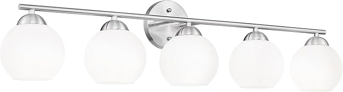 Emak Brushed Nickel Vanity Light, 37 Inch Globe Bathroom Light Fixtures with Milk Glass Shade, Modern 5-Light Vanity Lights for Bathroom, Mirror, VL114-BN-ML-5