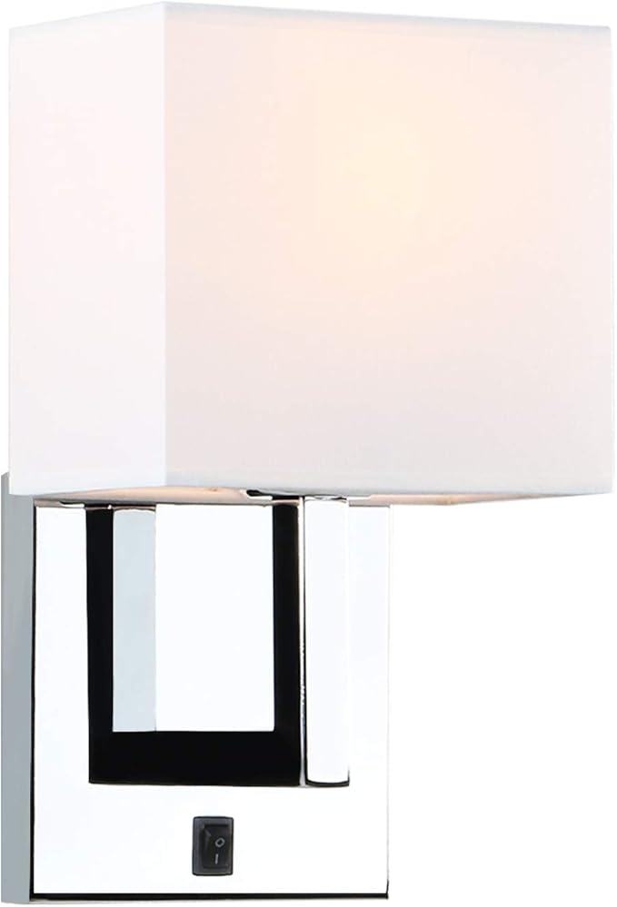 PERMO Single Wall Sconce Light Fixture Chrome Finish with White Textile Shades and On/Off Switch Button Small Modern Nightstand Lamps for Bedrooms Bedside Reading