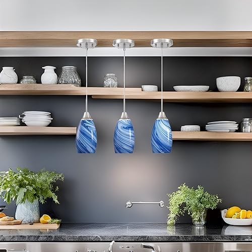 Viinew Mini Glass Pendant Light,Blue Marble Glass Pendant Light 3-Pack | Dark Blue Marble Art Glass Hanging Light,4.72" Handblown Oval Shade Adjustable Cord Ceiling Light for Kitchen