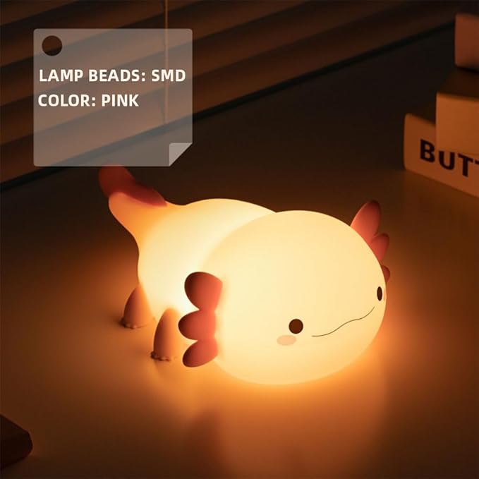 Axolotl Night Light – Cute Rechargeable Dimmable Silicone Lamp for Kids, Kawaii Bedside & Nursery Decor, Trendy for Girls & Boys (Pink)