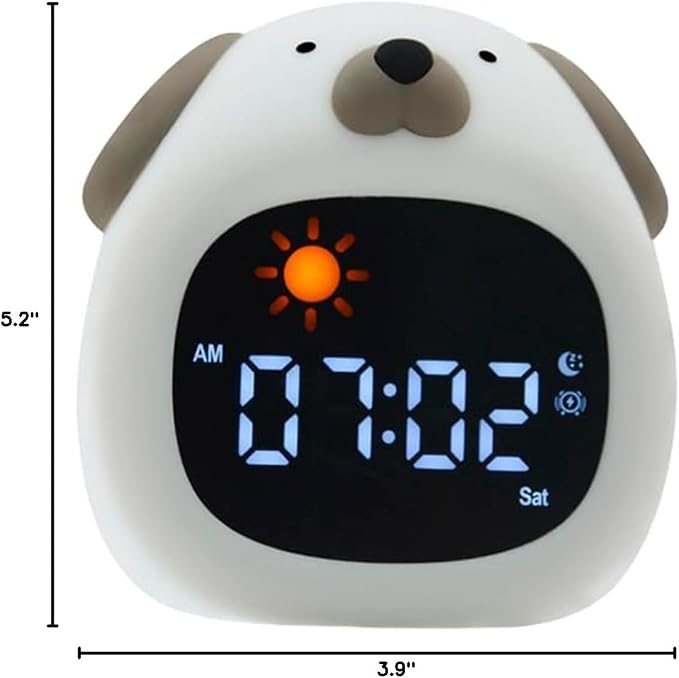 Dog Cartoon Ok to Wake Alarm Clock, White Noise Tap Night Light for Room | 6 White Noise Sounds, 8 Light Modes, Dual Alarm & Snooze, Dimmable LED, Type-C Rechargeable, 12/24 Hour Display