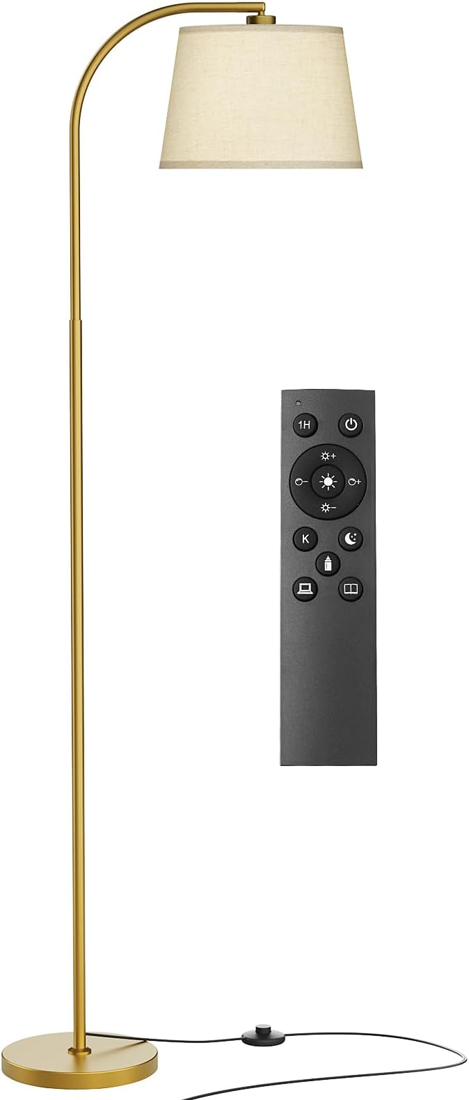 Karjoefar 64" 3 Color Dimmable Gold Arc Floor Standing Lamp with Remote | Floor Lamp with Adjustable Linen Shade, 350° H & 180° V Rotation, 9W Bulb, Floor Lamps for Living Room, Bedroom & Office