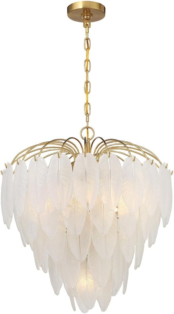 Savoy House 1-3508-6-322 Boa Breegan Jane Designed Mid-Century Bohemian Clear Frosted Glass Feather Chandelier, 6-Light 360 Total Watts, 24" H x 22" W, Warm Brass